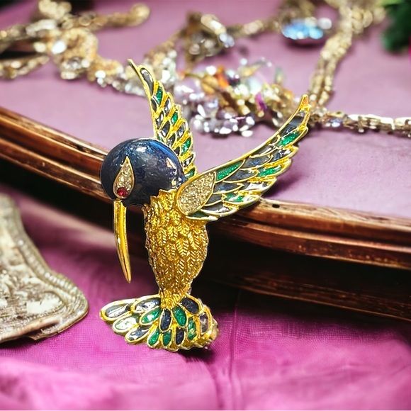 Vintage D orlan Bird of Paradise enameled crystal brooch - Picture 2 of 3